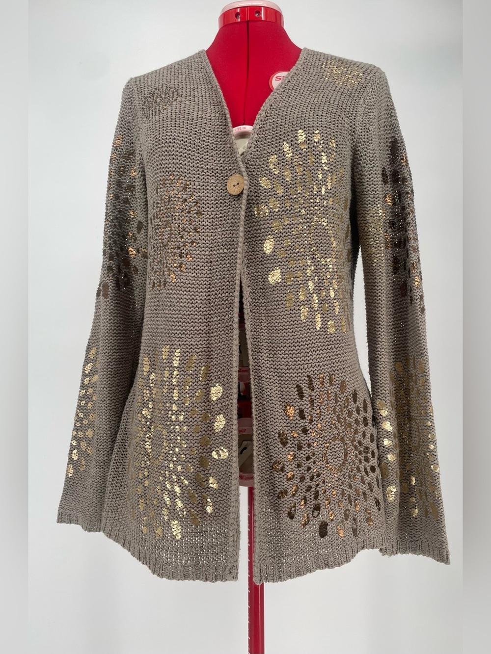 Taupe Gray Chico’s Bohemian Metallic Golden / Bronze Floral Design Cardigan